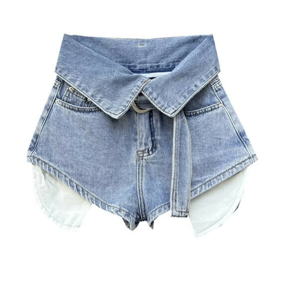 爆款高腰牛仔翻邊闊腿短褲女夏裝（藍色【S_XL碼】（下單後聯繫客服確認發貨尺碼）】