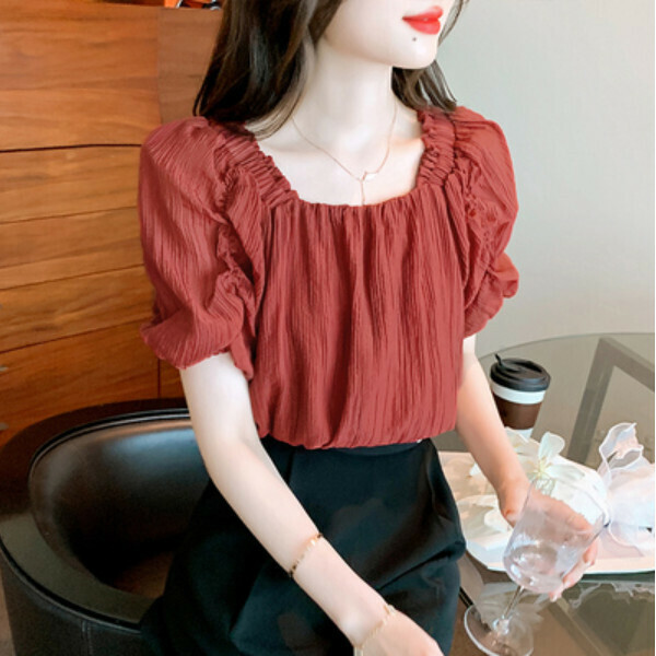 Pleated square-neck chiffon shirt (burgundy) (size: S/M/L/XL/2XL) (contact customer service to confirm size after placing an order)】