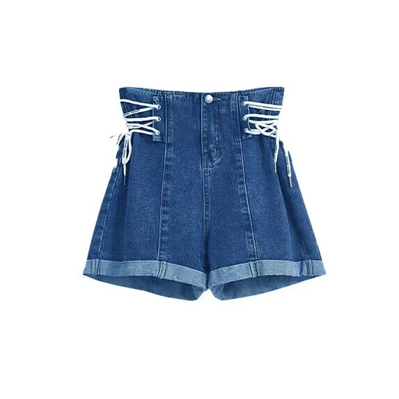 High-waisted denim lace-up waist-cinching wide-leg shorts women's summer dress (blue [size S_XL] (contact customer service to confirm the shipping size after placing an order)】