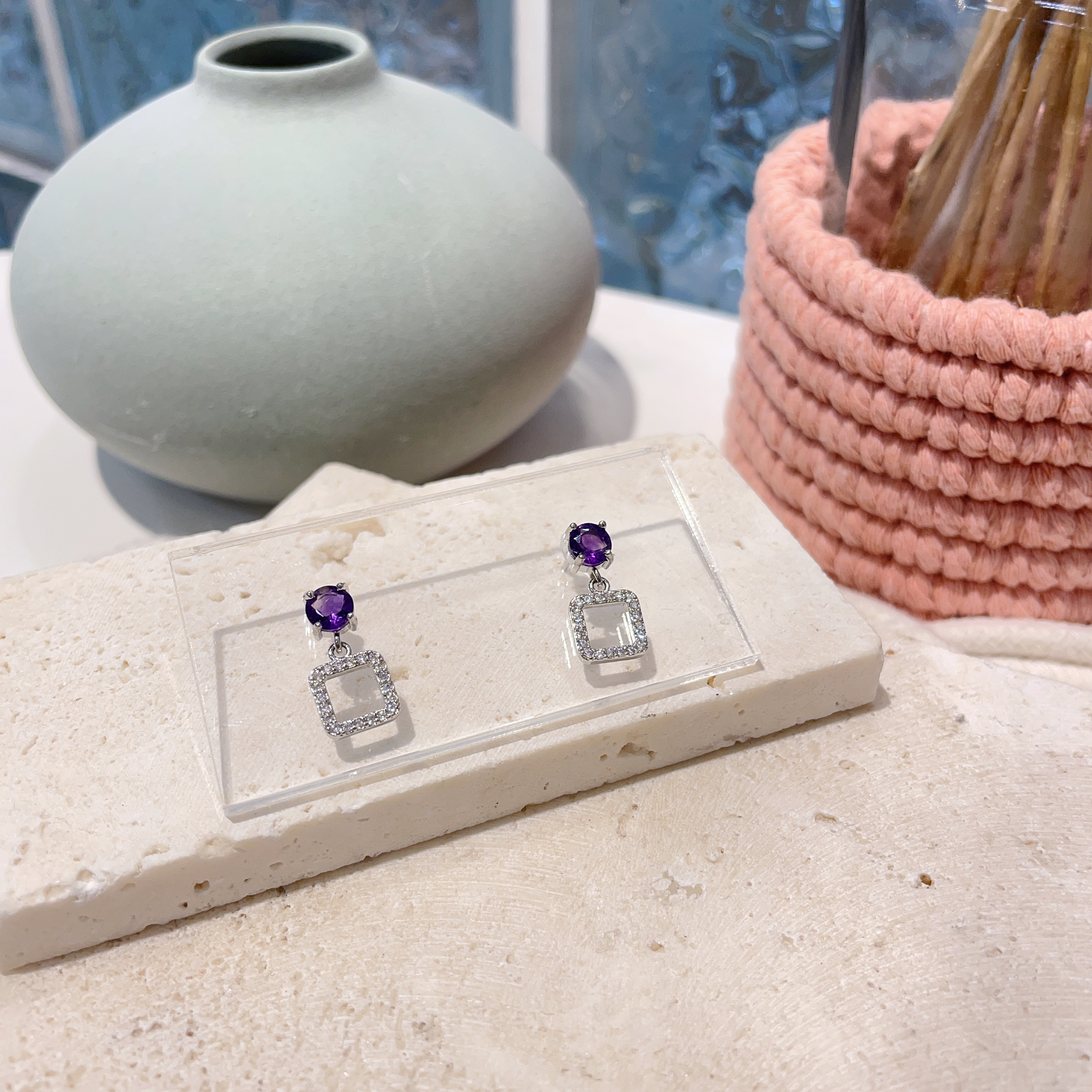 紫水晶方形閃閃耳環