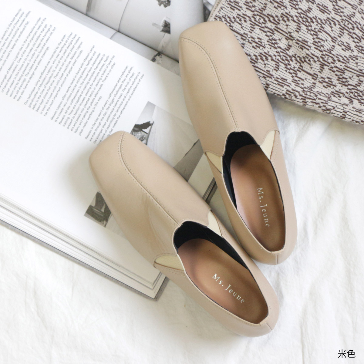 Ms. Jeune 日本女用真皮法式方頭異材質鞋跟短靴
