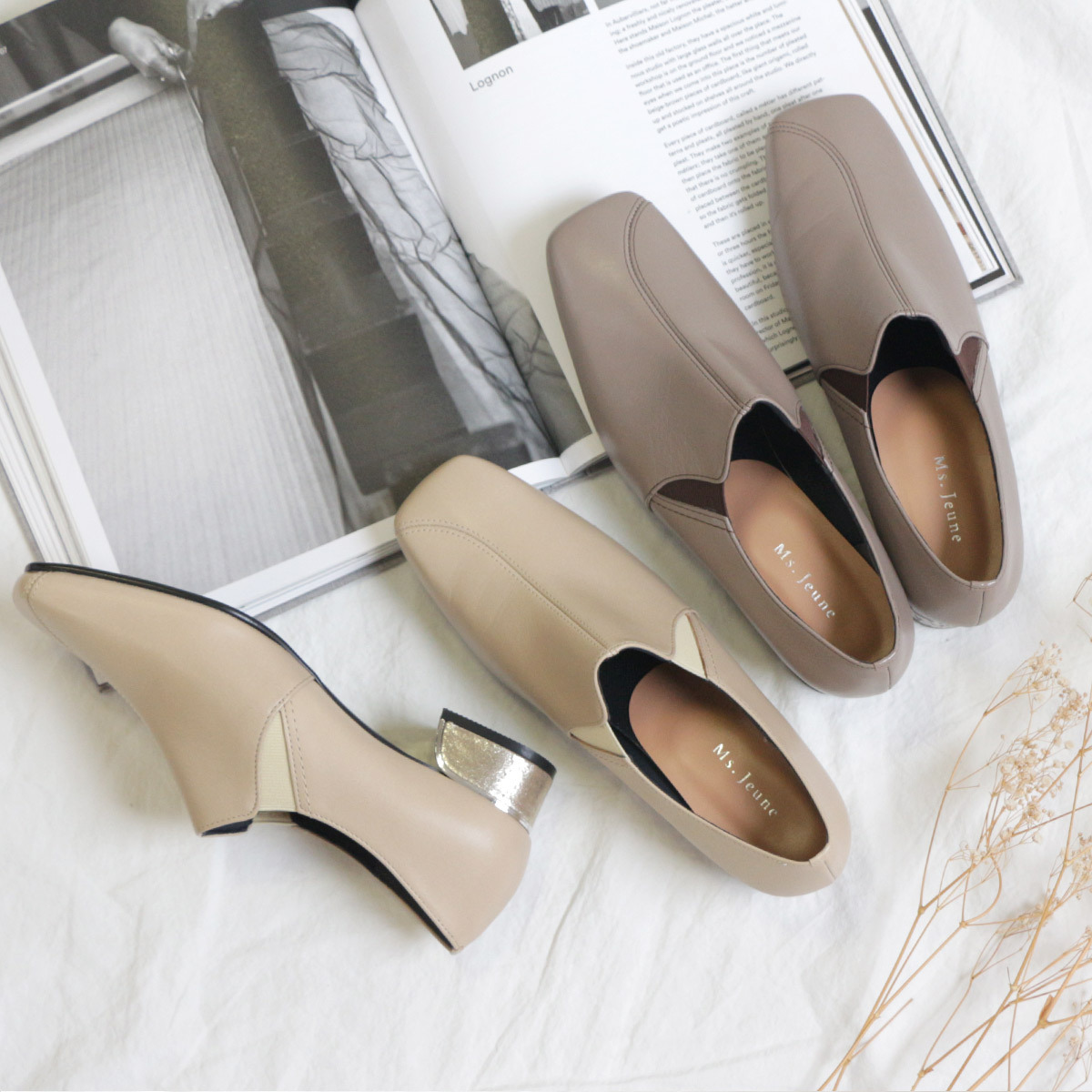 Ms. Jeune 日本女用真皮法式方頭異材質鞋跟短靴