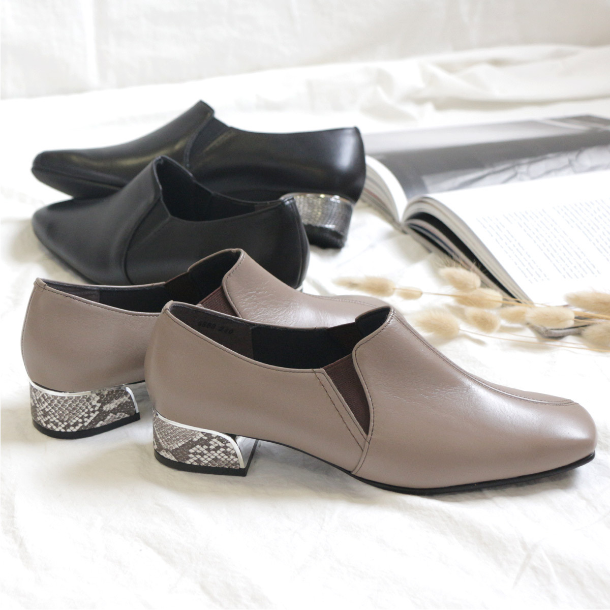 Ms. Jeune 日本女用真皮法式方頭異材質鞋跟短靴