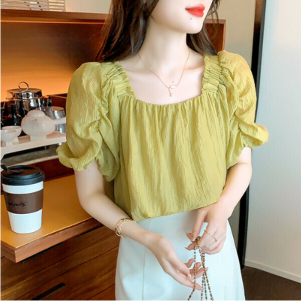 Pleated square-neck chiffon shirt (mustard green) (size: S/M/L/XL/2XL) (contact customer service to confirm size after placing an order)】