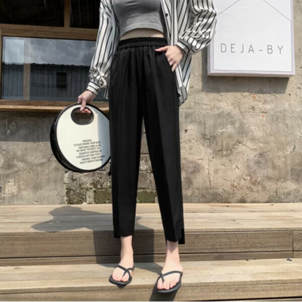 Thin slit cropped cigarette pants (black) (size: M/L/XL/2XL/3XL/4XL) (contact customer service to confirm size after placing an order)】