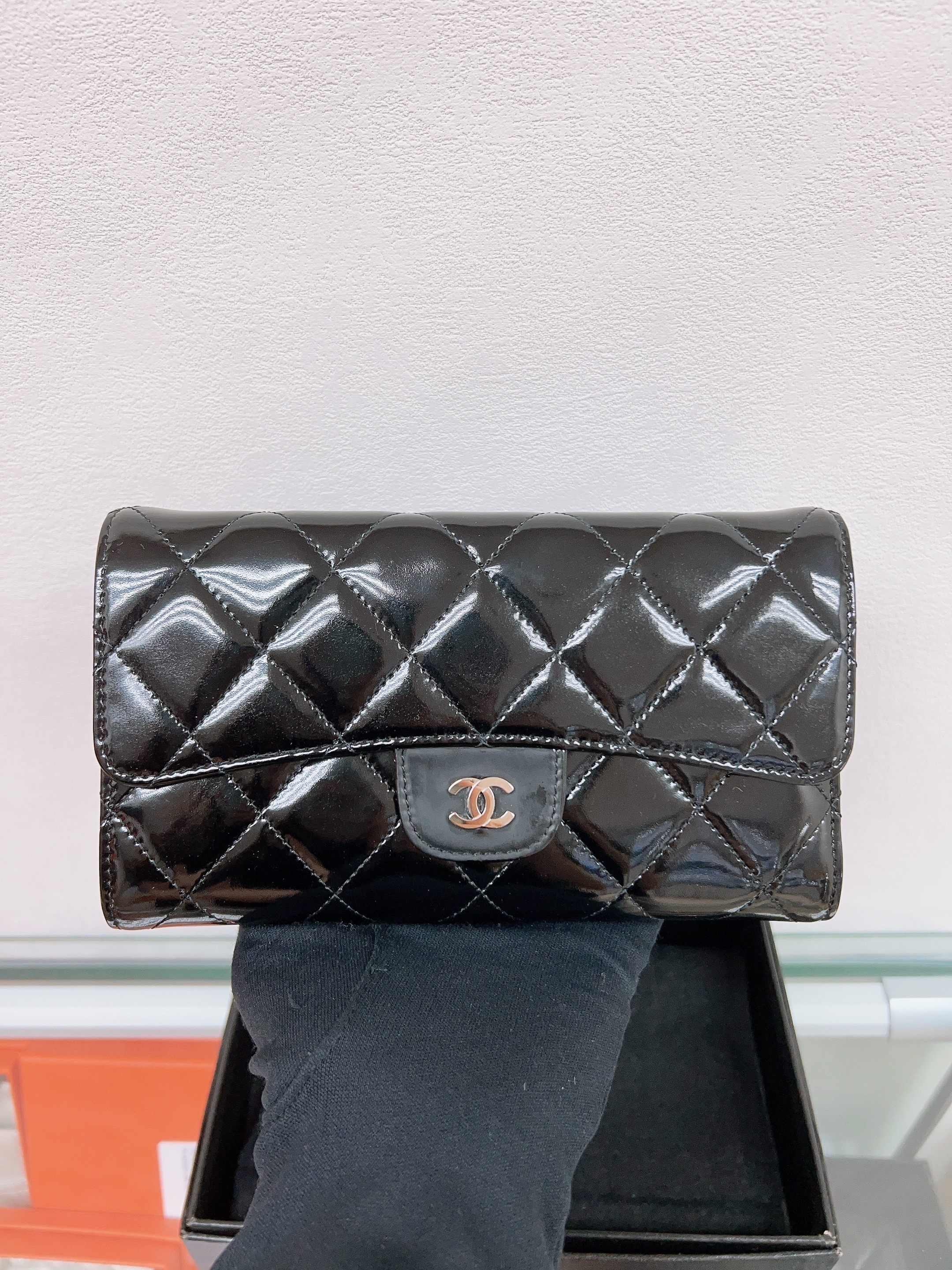 Chanel long wallet black patent