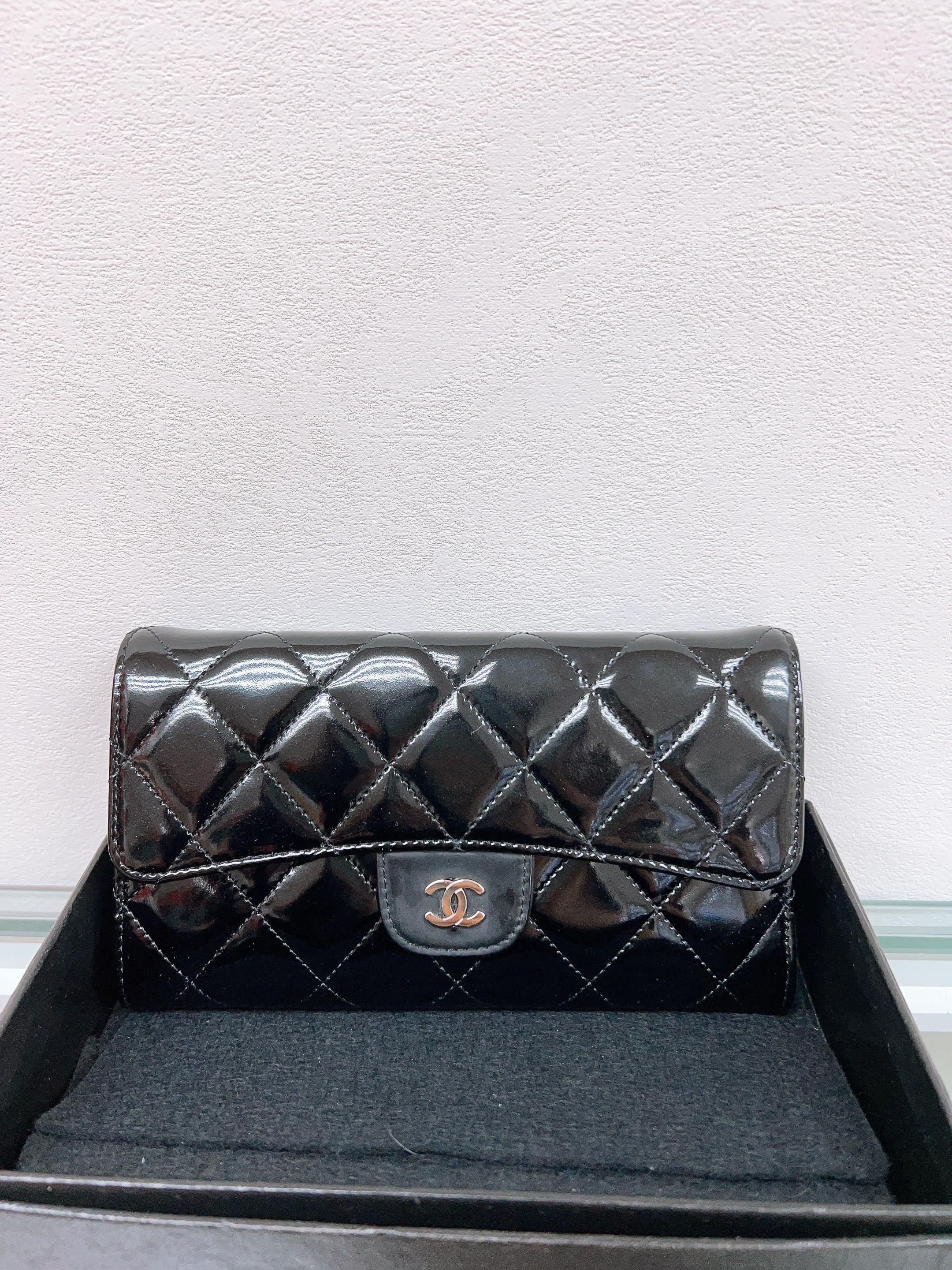 Chanel long wallet black patent