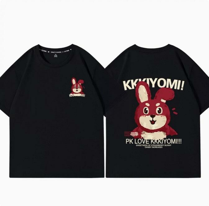 Casual loose short-sleeved T-shirt (black strawberry bunny S-2XL) (contact customer service to confirm the shipping size after placing an order)】