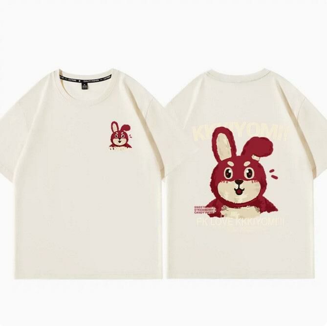 Casual loose short-sleeved T-shirt (beige strawberry bunny S-2XL) (contact customer service to confirm the shipping size after placing an order)】