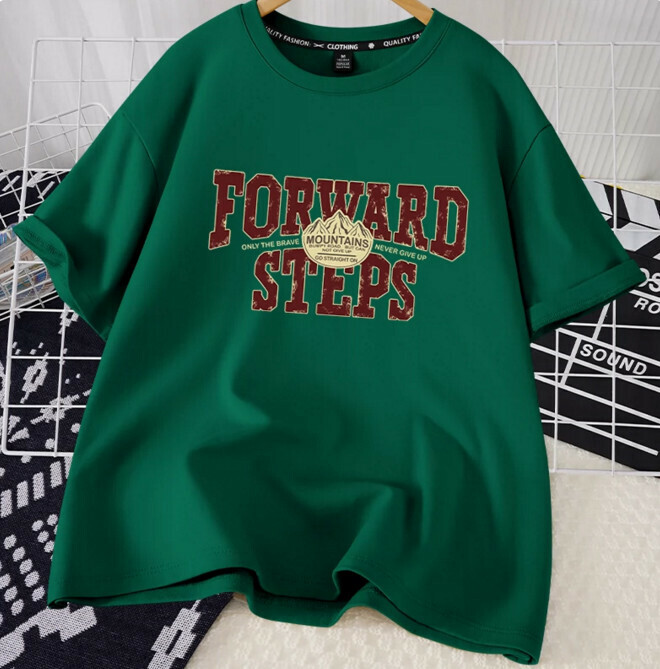 Casual loose short-sleeved T-shirt (dark green Steps Forward S-2XL size) (contact customer service to confirm the shipping size after placing an order)】