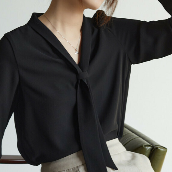 V-neck long-sleeved shirt women's spring and autumn (black [size S_L] (contact customer service to confirm the shipping size after placing an order)】