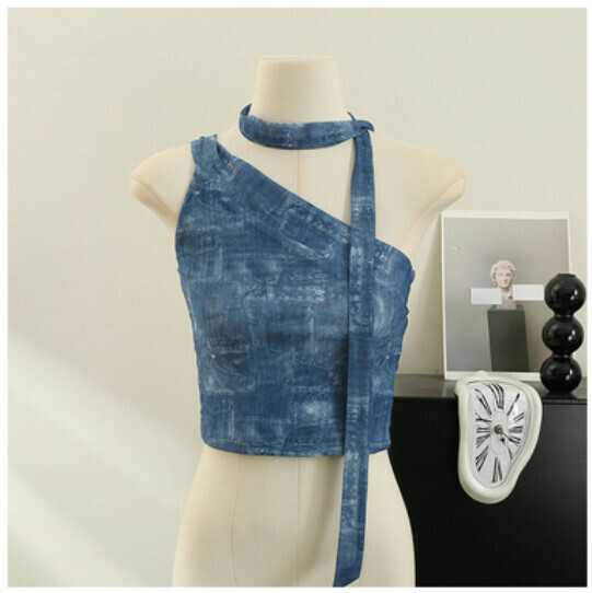 Camisole halterneck slim short bandeau top (3# blue) (one size)】