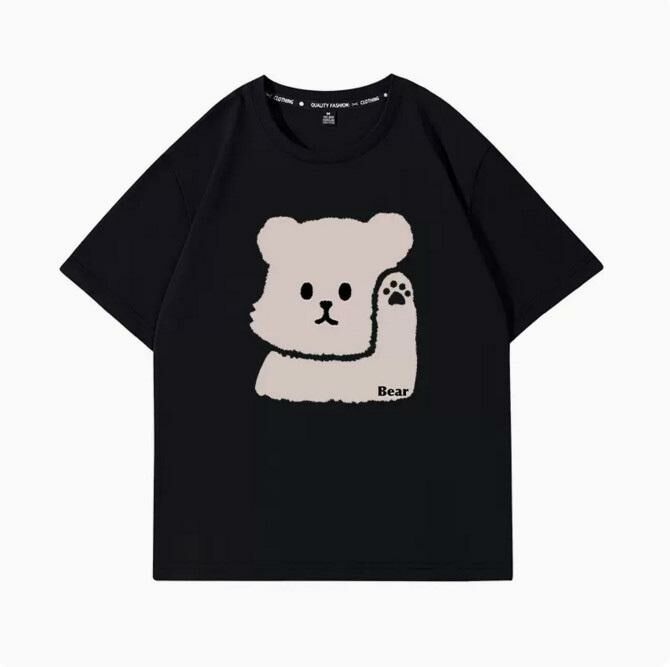 Casual Loose Short Sleeve T-Shirt (Black Beckoning Bear S-2XL) (Contact customer service to confirm the shipping size after placing an order)】