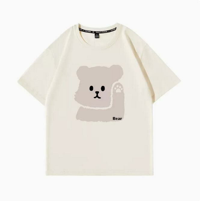 Casual Loose Short Sleeve T-Shirt (Beige Beckoning Bear S-2XL) (Contact customer service to confirm the shipping size after placing an order)】