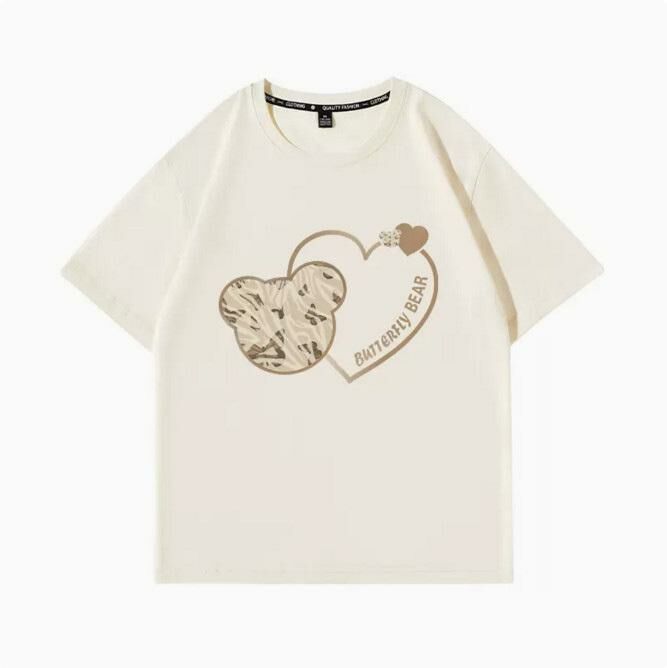 Casual loose short-sleeved T-shirt (beige butterfly bear S-2XL) (contact customer service to confirm the shipping size after placing an order)】