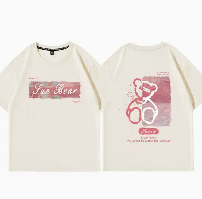 Casual loose short-sleeved T-shirt (beige sunset bear S-2XL) (contact customer service to confirm the shipping size after placing an order)】