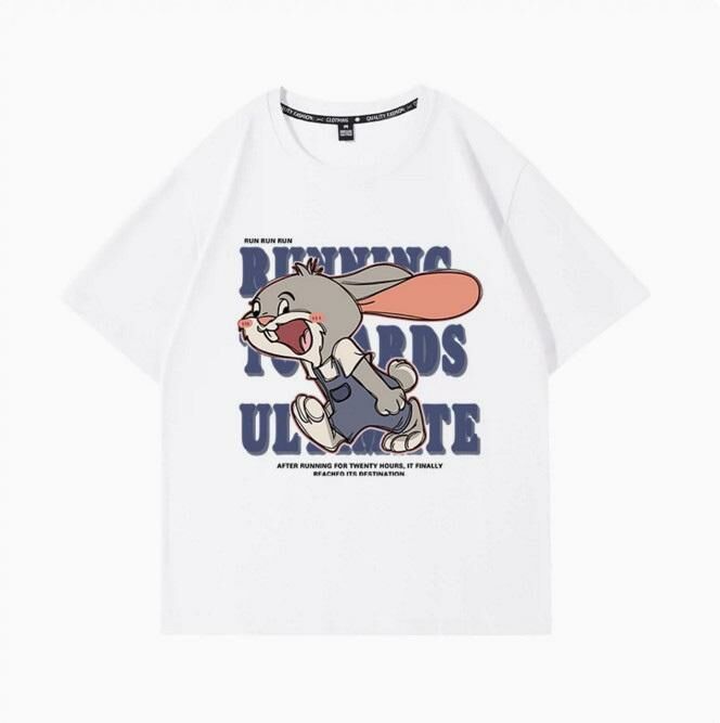 Casual loose short-sleeved T-shirt (white run black S-2XL) (contact customer service to confirm the shipping size after placing an order)】