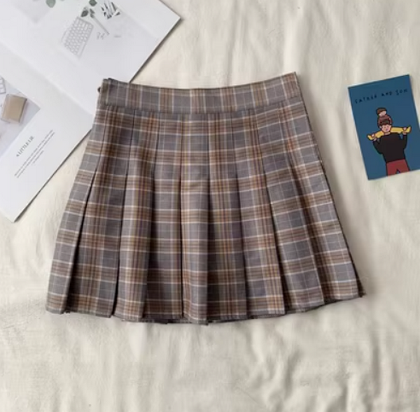 熱推百褶裙短裙格子a字半身裙（卡其格）（尺碼:XS-L)(下單後聯絡客服確認發貨尺碼)