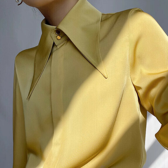 Temperament big pointed collar long-sleeved shirt women's spring and autumn (yellow [size S_L] (contact customer service to confirm the shipping size after placing an order)】