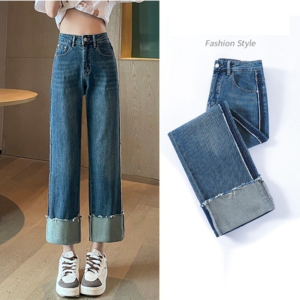 Cropped denim pants with raw edges in contrast (retro blue) (size: XS/S/M/L/XL/2XL) (contact customer service to confirm size after placing an order)】