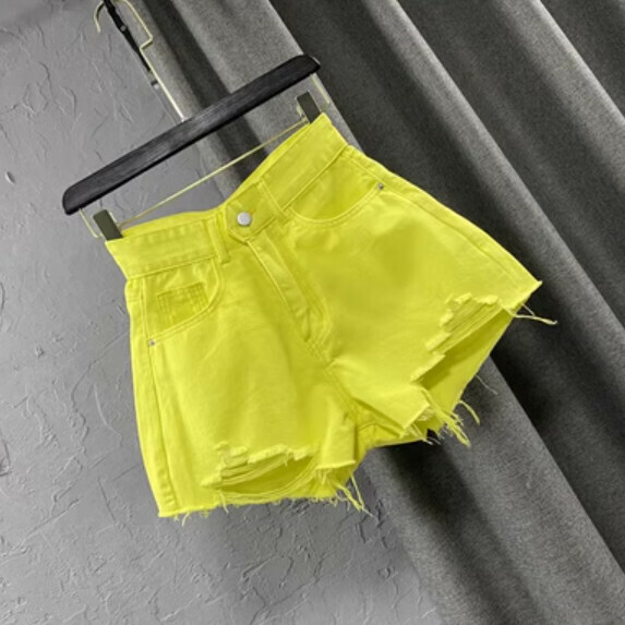 熱賣高腰牛仔破洞闊腿短褲女夏裝（黃色【S_XL碼】（下單後聯繫客服確認發貨尺碼）】