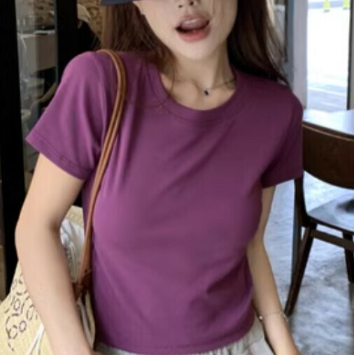 Round neck crop top T-shirt (purple one-size-fits-all)】