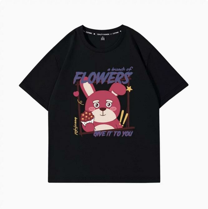 Casual loose short-sleeved T-shirt (black flowers sent to you S-2XL size) (contact customer service to confirm the shipping size after placing an order)】
