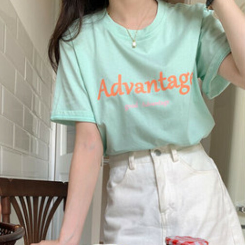 Alphabet casual T-shirt (green one-size-fits-all)】