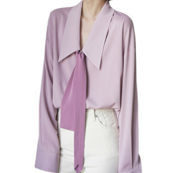 Light Pink Purple V-Neck Long Sleeve Shirt Women's Spring and Autumn (Light Pink Purple [S_M Size] (Contact Customer Service to confirm the shipping size after placing an order)】