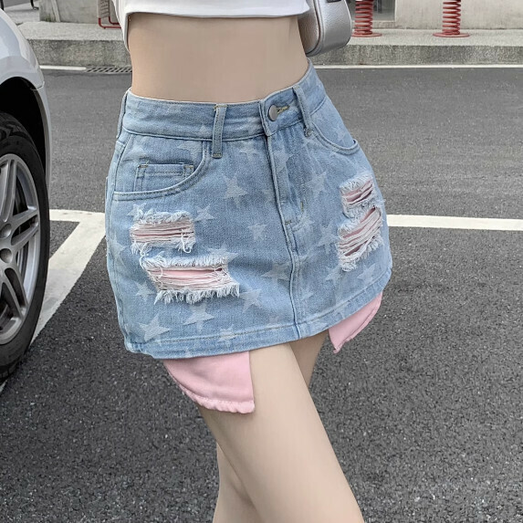 激抵高腰破洞水洗牛仔短褲女夏（淺藍色【S_L碼】（下單後聯繫客服確認發貨尺碼）】