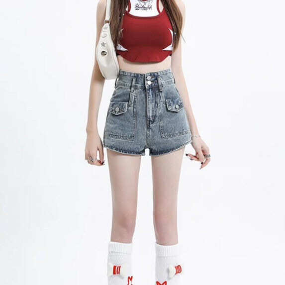 High Waist Square Pocket Washed Denim Shorts Women's Summer (Retro Blue [XS_2XL Size] (Contact Customer Service to Confirm Shipping Size after placing an order)】