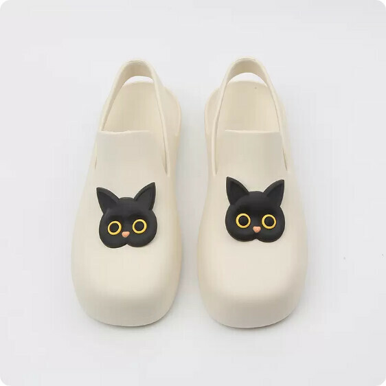 Summer Flat Waterproof Toe Sandals (0123-5 Black Cat on White Bottom) [35-40 Size] [Contact Customer Service to Confirm Shipping Size after Placing an Order]]