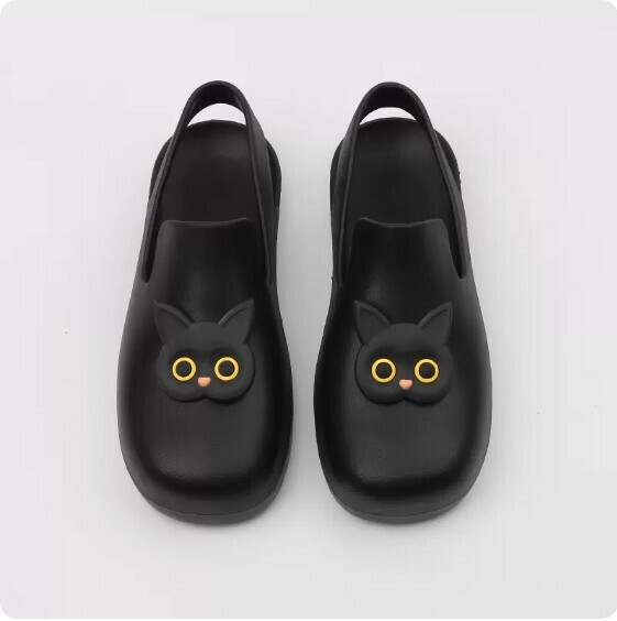 Summer Flat Waterproof Baotou Sandals (0123-5 Black Cat with Black Bottom) [35-40 Size] [Contact Customer Service to Confirm Shipping Size after Placing an Order]]