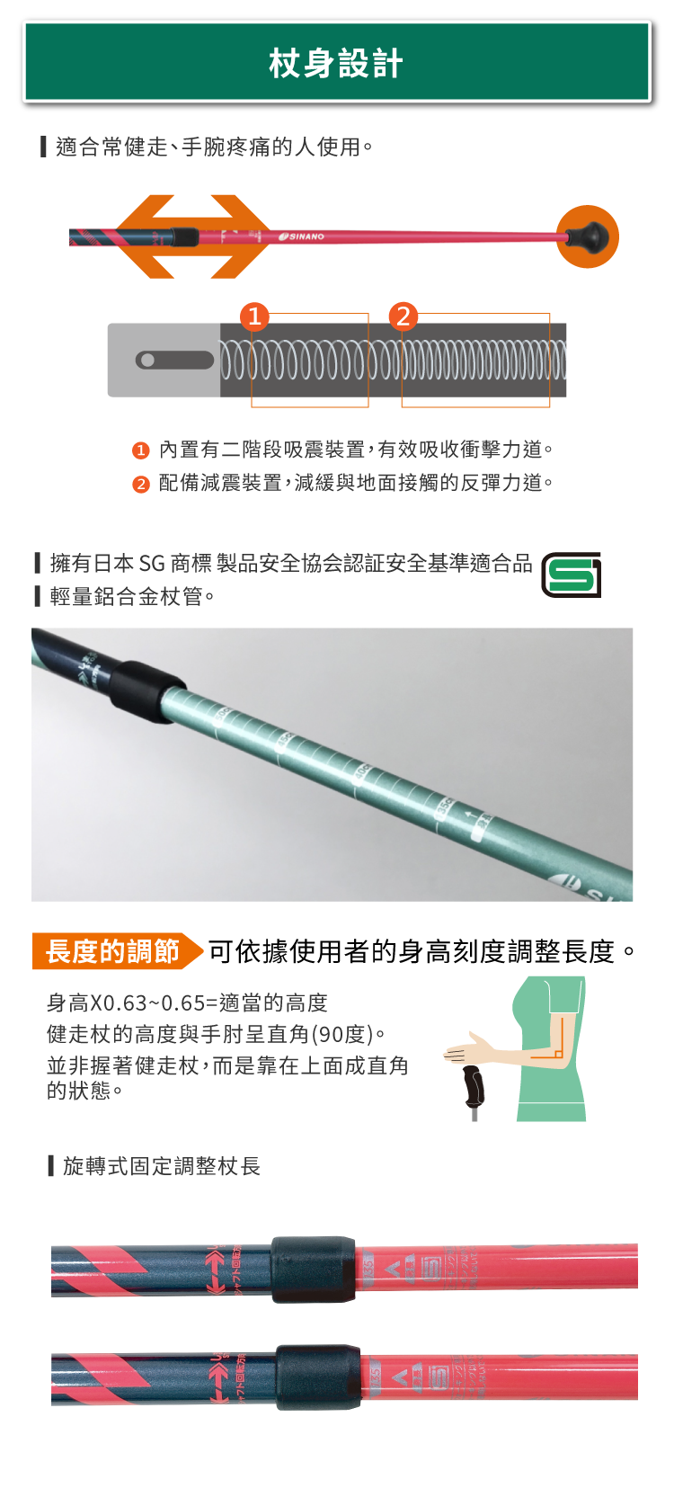 SINANOLaCushion超吸震健走杖的杖身設計