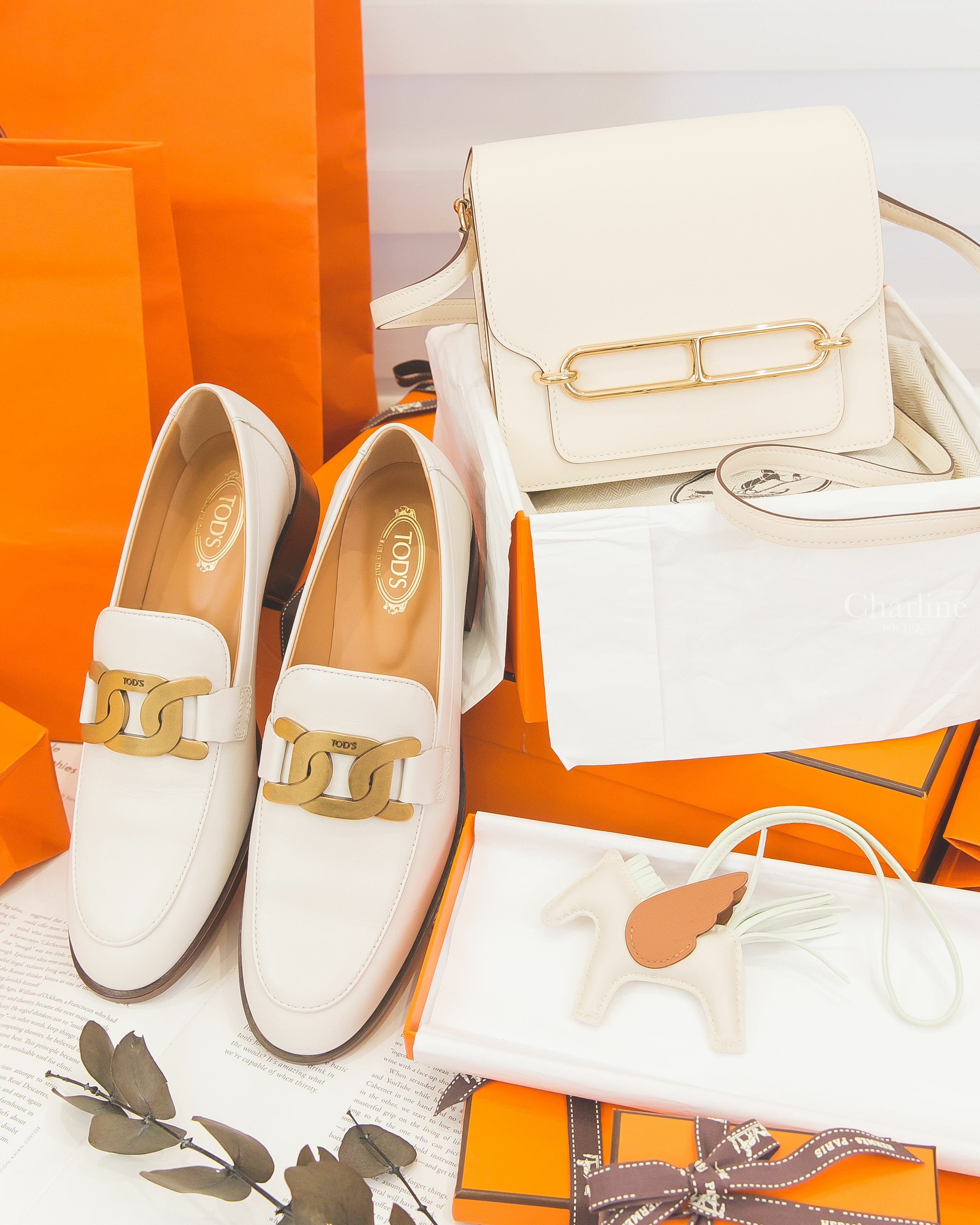 Hermès Roulis Mini Bag I2 Nata Swift 奶油白金釦,Hermès Rodeo PM Pegase 奶昔白/氣泡綠/焦糖色小飛馬,Tod's 白色皮革金色鍊條木紋粗跟樂福鞋-Charline Boutique 精品代購