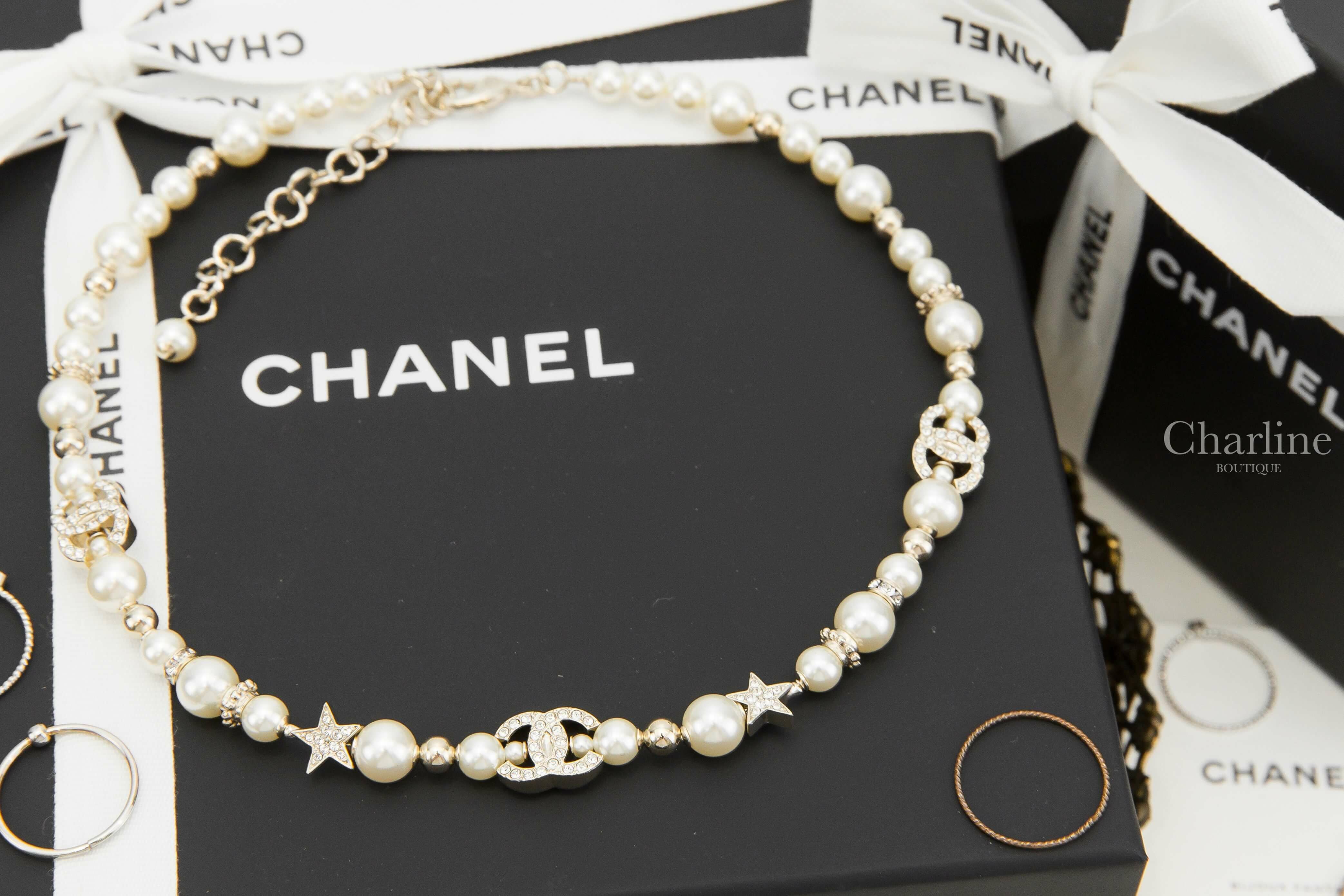 Chanel Necklace 金色水鑽星星大小珍珠水鑽CC項鍊-Charline Boutique 精品代購