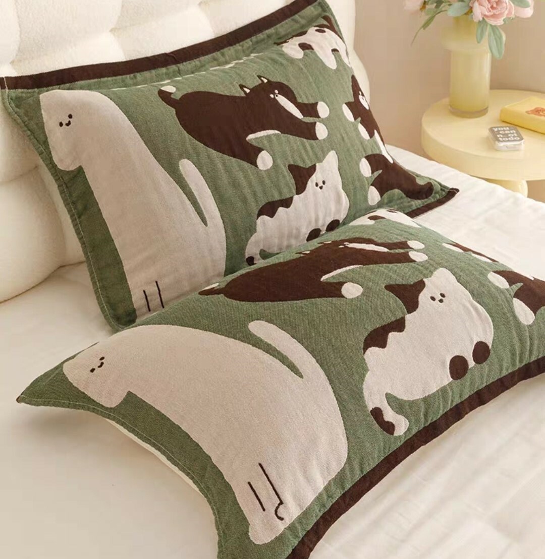 乳牛貓夏季棉麻枕巾