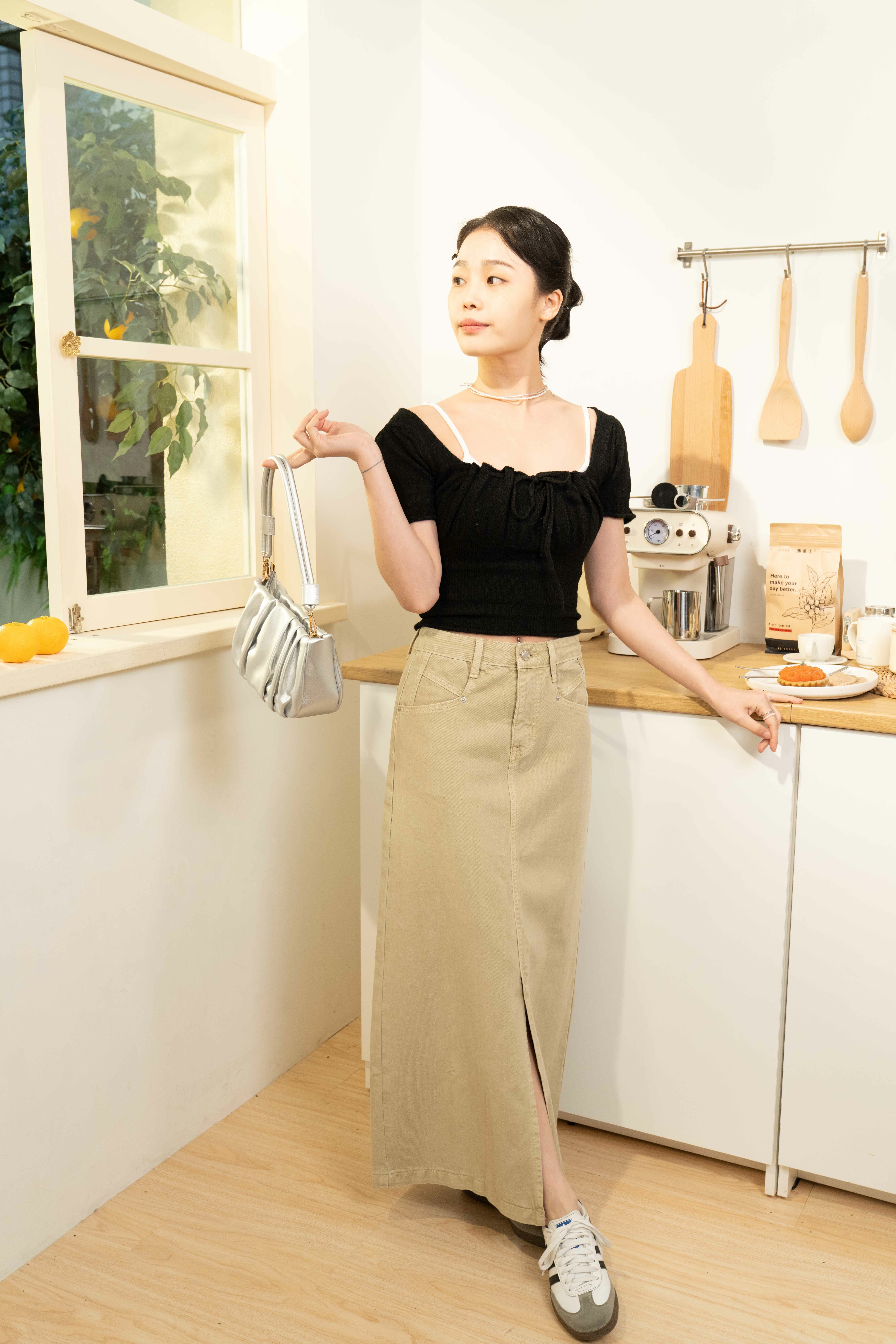 奶油我的愛前開叉牛仔長裙