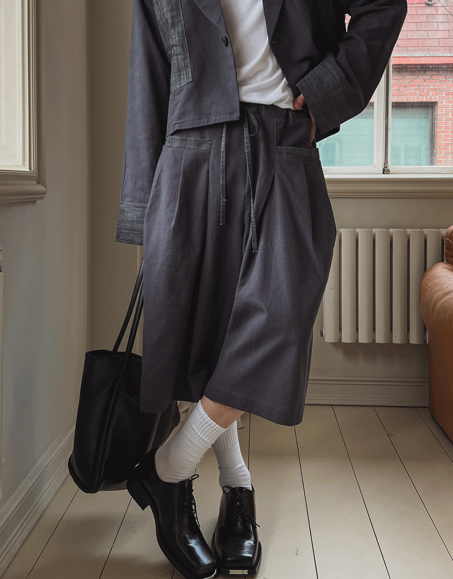 日式亞麻配色寬大短褲