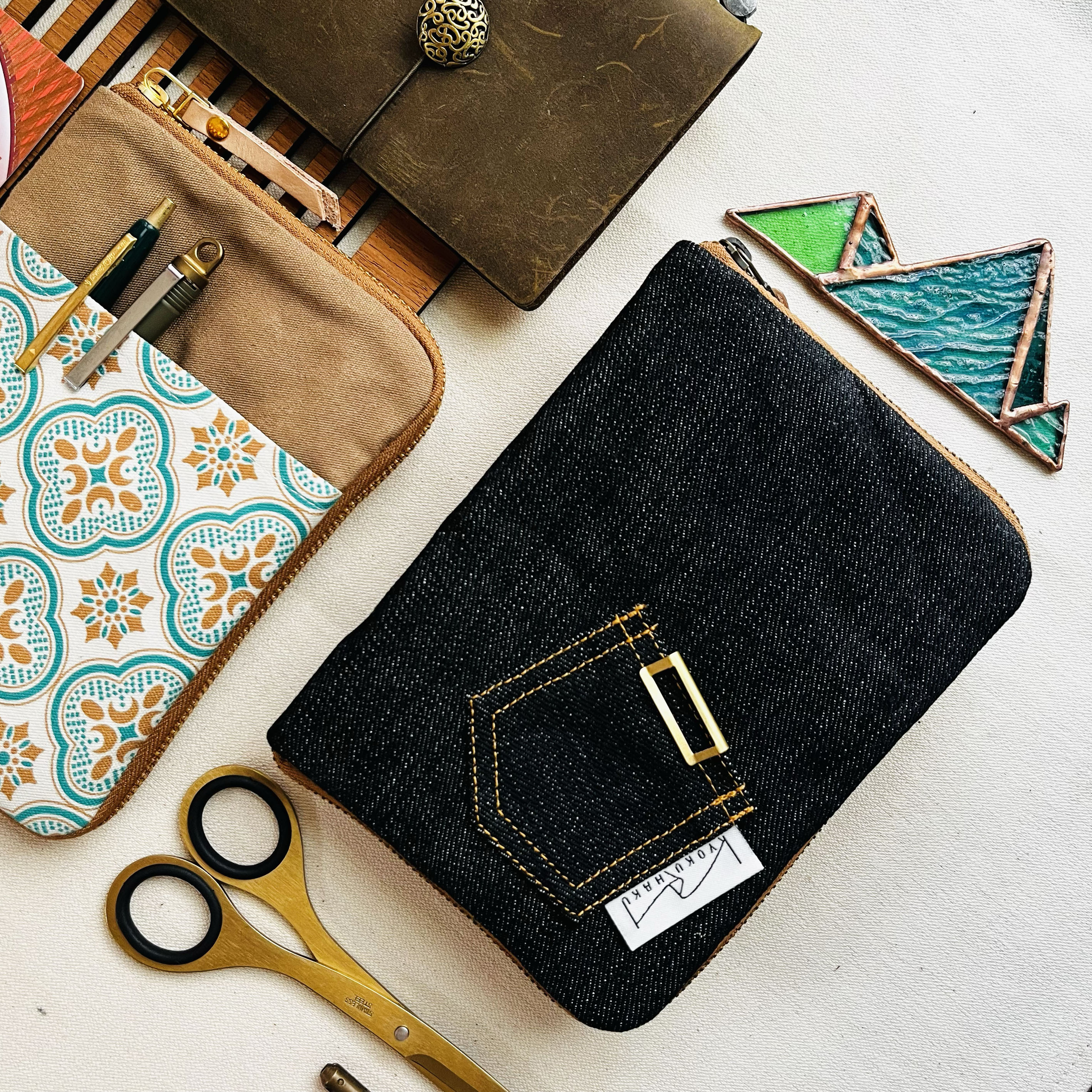 Kyokuhaku  小手帳套 海棠窗花|丹寧布