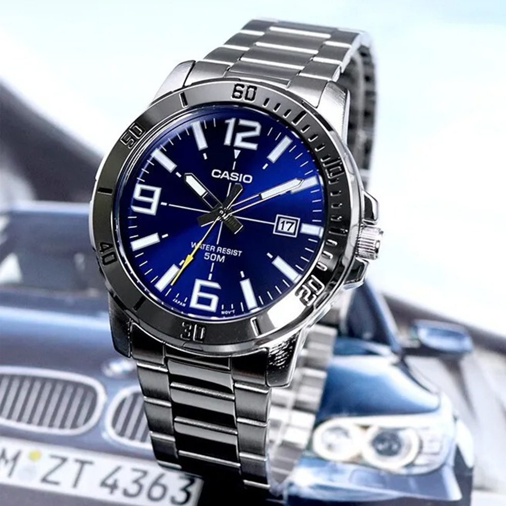 【CASIO 卡西歐】 MTP-VD01D-2B 休閒 時尚 紳士 帶日期 不鏽鋼 腕錶 手錶