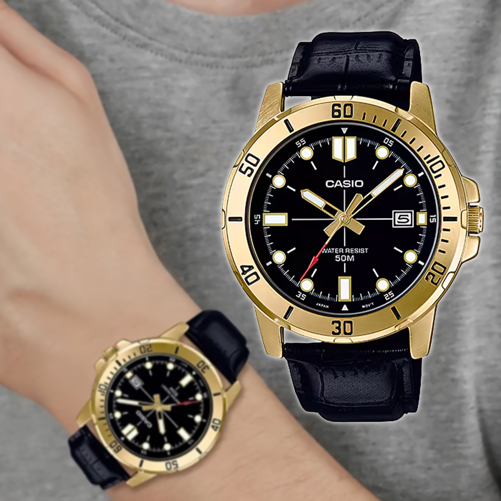 【CASIO 卡西歐】MTP-VD01GL-1E 經典 商務 雙錶圈 夜光 日期顯示 運動型 皮革 指針 手錶