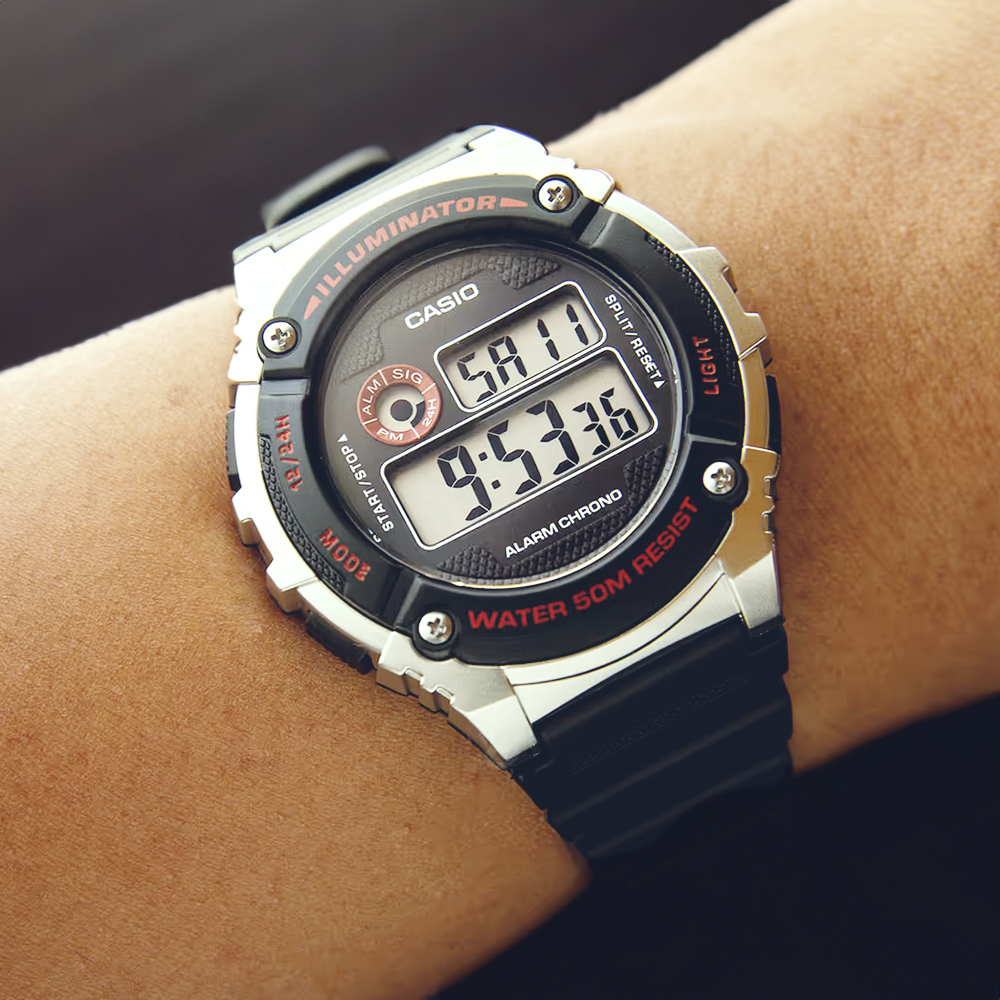 【CASIO 卡西歐】W-216H 萬年曆 星期日期 計時碼錶 低調黑 多色 運動型 學生錶 手錶