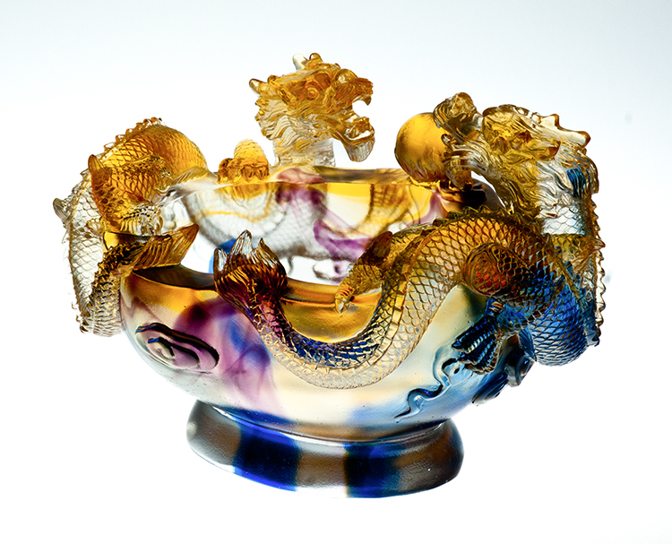 鹿港窯禮品館│琉璃 雙龍聚寶盆 擺件 書房 辦公室桌面 裝飾