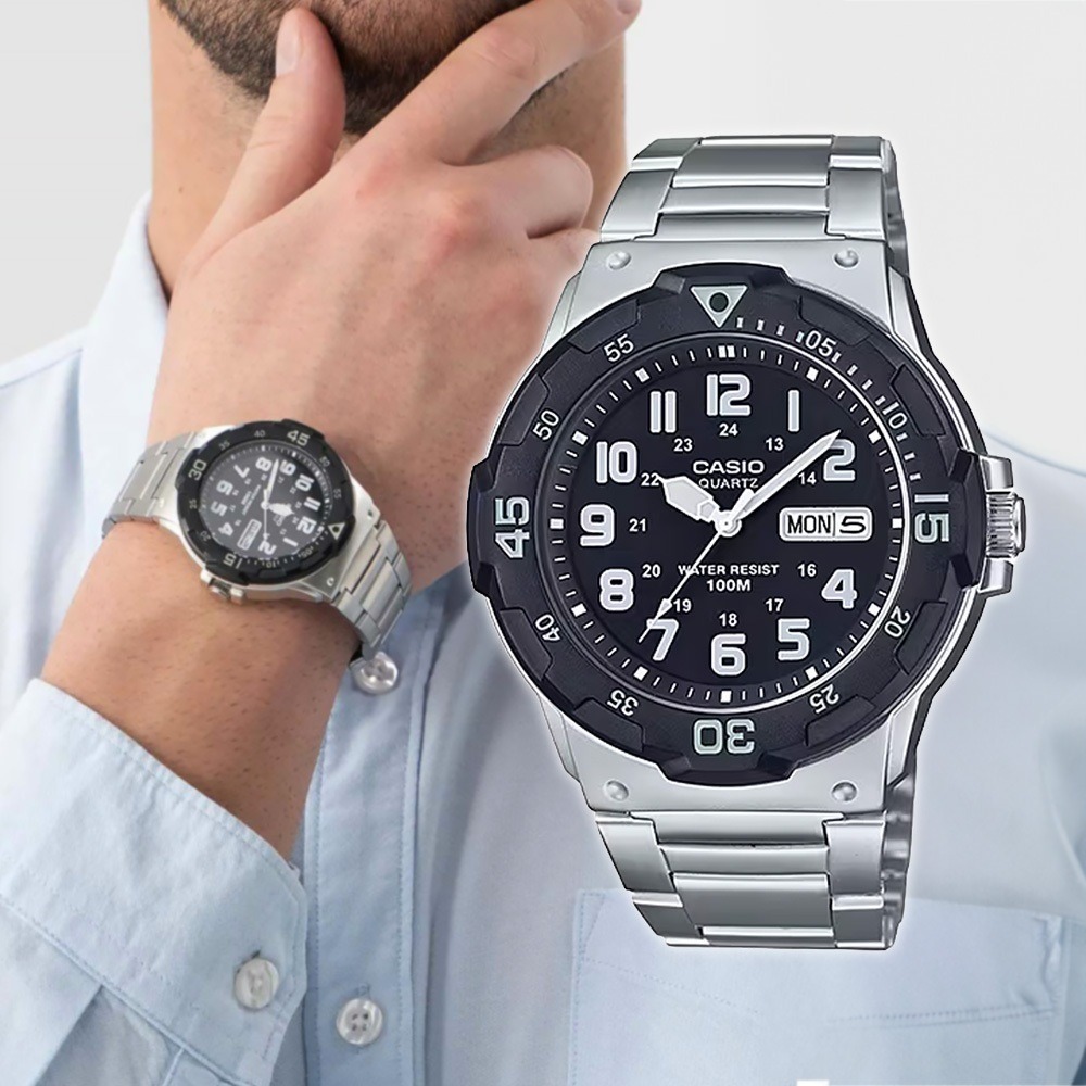 【CASIO 卡西歐】MRW-200HD-1B 潛水風 經典運動 日期星期 旋轉錶圈 鋼帶 石英錶 手錶
