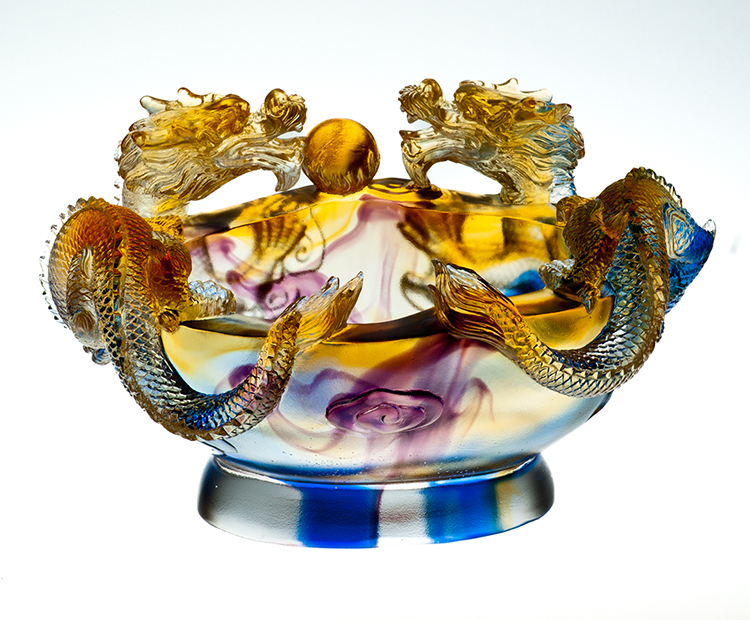 鹿港窯禮品館│琉璃 雙龍聚寶盆 擺件 書房 辦公室桌面 裝飾