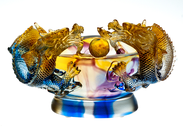 鹿港窯禮品館│琉璃 雙龍聚寶盆 擺件 書房 辦公室桌面 裝飾