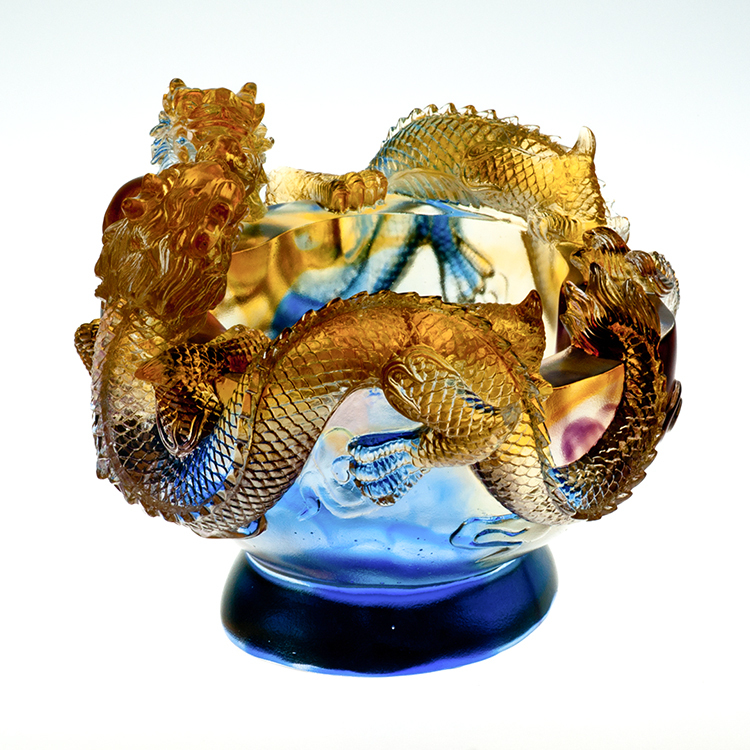 鹿港窯禮品館│琉璃 雙龍聚寶盆 擺件 書房 辦公室桌面 裝飾