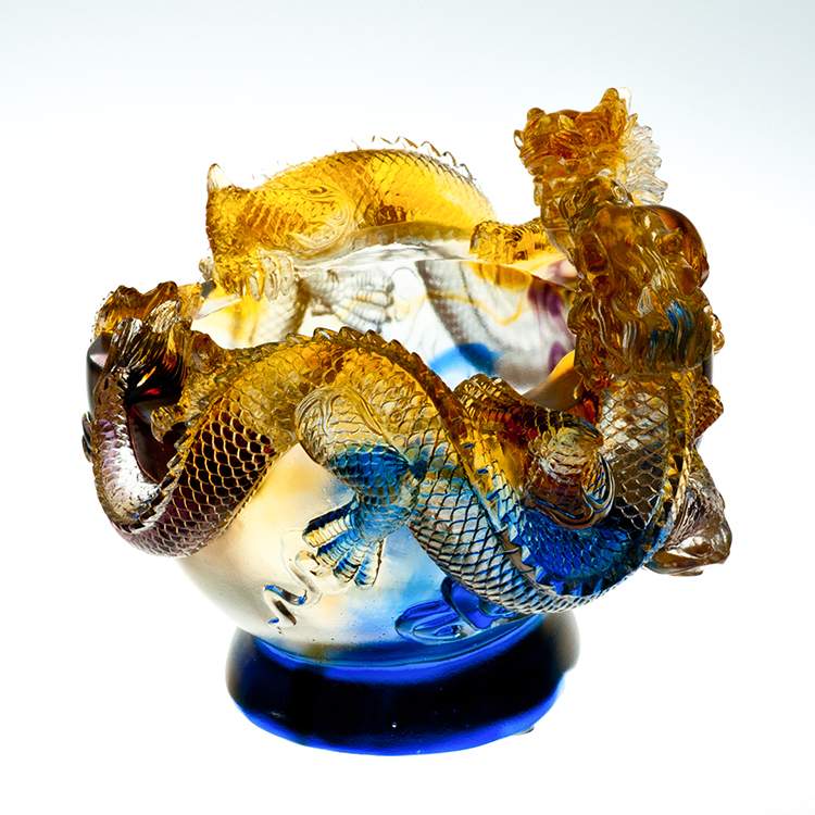 鹿港窯禮品館│琉璃 雙龍聚寶盆 擺件 書房 辦公室桌面 裝飾