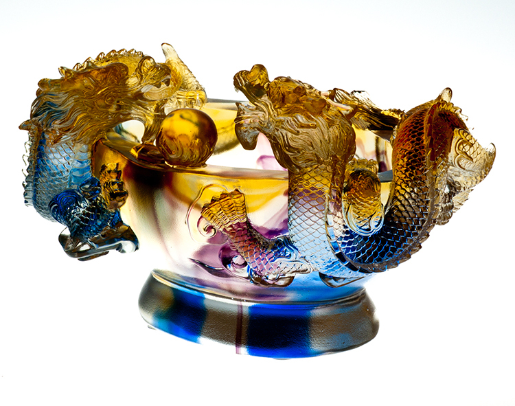 鹿港窯禮品館│琉璃 雙龍聚寶盆 擺件 書房 辦公室桌面 裝飾